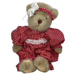 Russ Berrie Teddy‎ Bear 17” Trafalgar Checked Red Romper Headband Lace Weighted